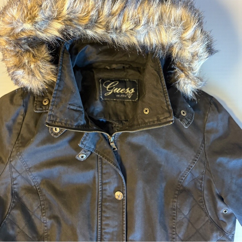 🚨3 for $15 GUESS Y2K Olive Green Jacket Coat Faux Fur Hood Women's Size Large - Picture 2 of 10